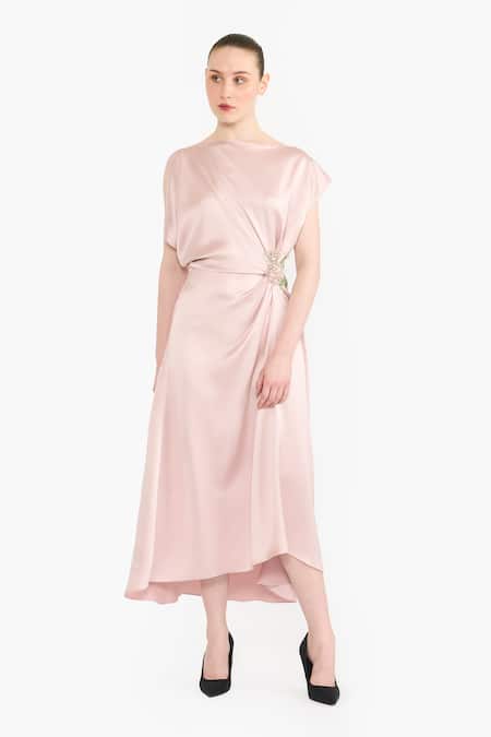 Gauri & Nainika Boat Neck Draped Midi Satin Dress 
