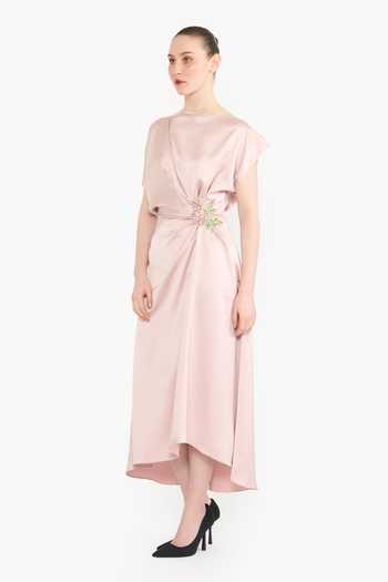 Buy Gauri & Nainika Pink Satin Crystals Boat Neck Draped Midi Dress Online at Aza Fashions Buy_Gauri & Nainika_Pink Satin Crystals Boat Neck Draped Midi Dress _Online_at_Aza_Fashions