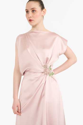 Gauri & Nainika Pink Satin Crystals Boat Neck Draped Midi Dress at Aza Fashions Gauri & Nainika_Pink Satin Crystals Boat Neck Draped Midi Dress _at_Aza_Fashions