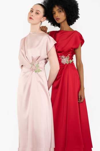 Buy Gauri & Nainika Pink Satin Crystals Boat Neck Draped Midi Dress Buy_Gauri & Nainika_Pink Satin Crystals Boat Neck Draped Midi Dress