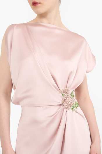 Shop Gauri & Nainika Pink Satin Crystals Boat Neck Draped Midi Dress Shop_Gauri & Nainika_Pink Satin Crystals Boat Neck Draped Midi Dress