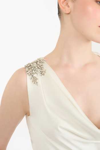 Shop Gauri & Nainika Ivory Satin Crystals Cowl Neck Twisted Dress Online at Aza Fashions Shop_Gauri & Nainika_Ivory Satin Crystals Cowl Neck Twisted Dress _Online_at_Aza_Fashions