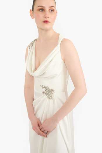Gauri & Nainika Ivory Satin Crystals Cowl Neck Twisted Dress at Aza Fashions Gauri & Nainika_Ivory Satin Crystals Cowl Neck Twisted Dress _at_Aza_Fashions