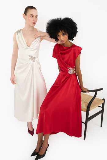 Buy Gauri & Nainika Ivory Satin Crystals Cowl Neck Twisted Dress Buy_Gauri & Nainika_Ivory Satin Crystals Cowl Neck Twisted Dress