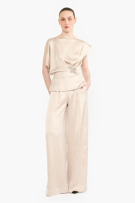 Gauri & Nainika Boat Neck Draped Top & Pant Set 