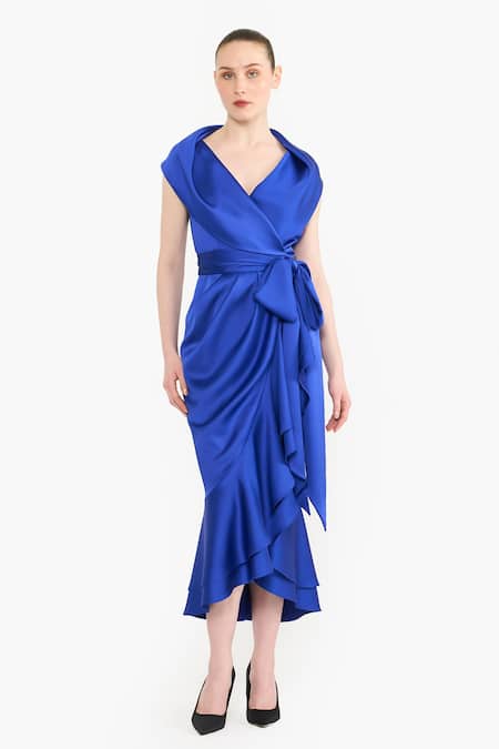Gauri & Nainika Shawl Collar Wrap Satin Dress 