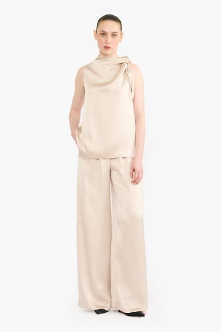 Gauri & Nainika Satin Knotted Shoulder Halter Top & Pant Set 