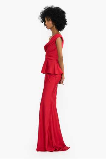 Gauri & Nainika_Red Satin Off-shoulder Off Peplum Gown _Online_at_Aza_Fashions
