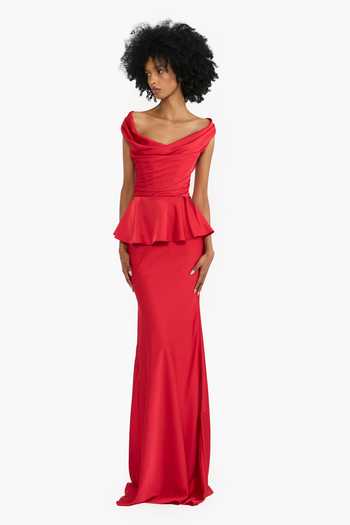 Buy_Gauri & Nainika_Red Satin Off-shoulder Off Peplum Gown _Online_at_Aza_Fashions