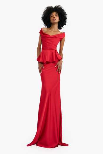 Shop_Gauri & Nainika_Red Satin Off-shoulder Off Peplum Gown _Online_at_Aza_Fashions