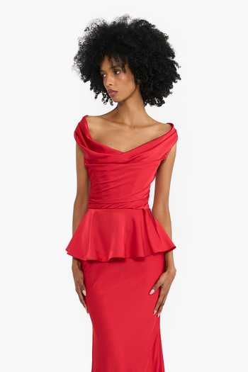 Gauri & Nainika_Red Satin Off-shoulder Off Peplum Gown _at_Aza_Fashions