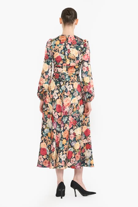 Gauri & Nainika Rose Salon Print Dress With Belt 