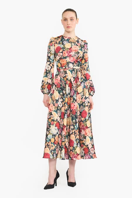 Gauri & Nainika Rose Salon Print Dress With Belt 