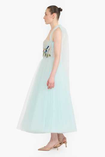 Gauri & Nainika_Blue Tulle Embroidery Sweetheart , Halter Botanic Midi Dress _Online_at_Aza_Fashions