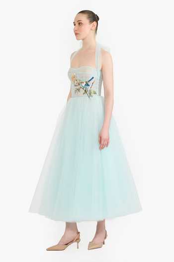 Buy_Gauri & Nainika_Blue Tulle Embroidery Sweetheart , Halter Botanic Midi Dress _Online_at_Aza_Fashions