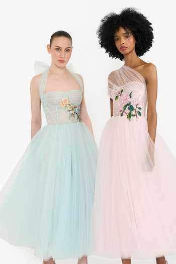 Shop_Gauri & Nainika_Blue Tulle Embroidery Sweetheart , Halter Botanic Midi Dress _Online_at_Aza_Fashions