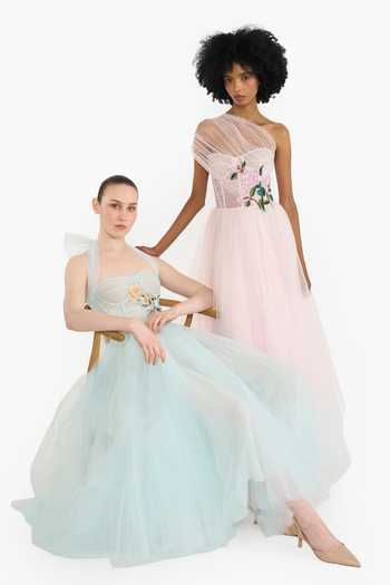 Gauri & Nainika_Blue Tulle Embroidery Sweetheart , Halter Botanic Midi Dress _at_Aza_Fashions