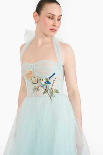 Buy_Gauri & Nainika_Blue Tulle Embroidery Sweetheart , Halter Botanic Midi Dress 