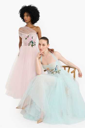 Shop_Gauri & Nainika_Blue Tulle Embroidery Sweetheart , Halter Botanic Midi Dress 