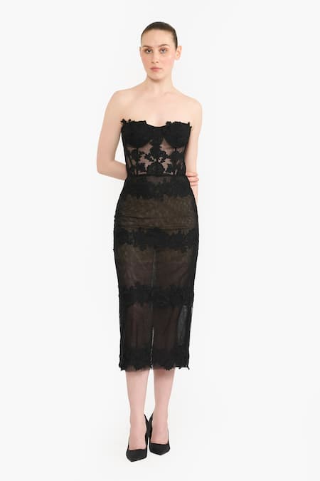 Gauri & Nainika Guipure Lace Tulle Strapless Corseted Dress 