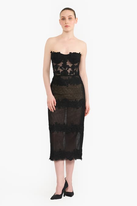 Gauri & Nainika Guipure Lace Tulle Strapless Corseted Dress 