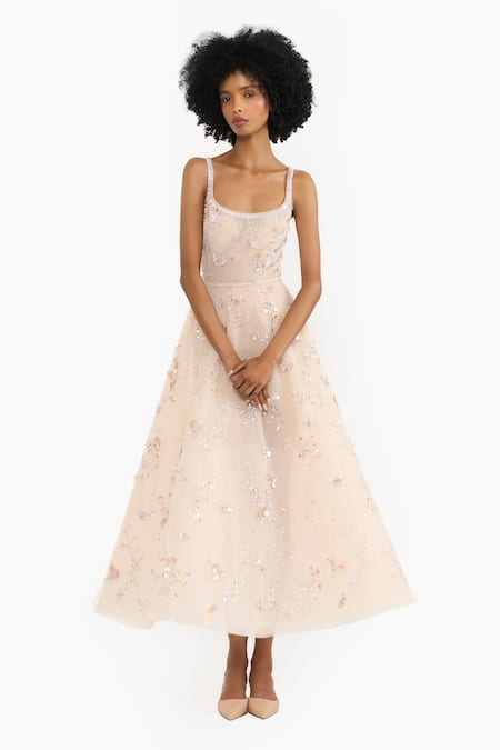 Gauri & Nainika Floral Pattern Embroidered Midi Dress 