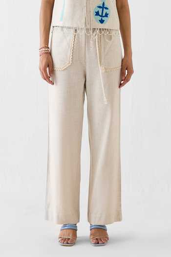 Studio Rigu_Cream Linen, Viscose V-neck Matka Vest And Trouser Co-ord Set _Online_at_Aza_Fashions