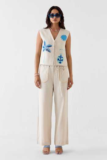 Buy_Studio Rigu_Cream Linen, Viscose V-neck Matka Vest And Trouser Co-ord Set _Online_at_Aza_Fashions