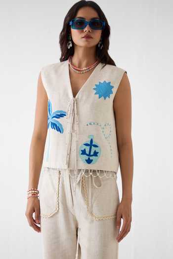 Shop_Studio Rigu_Cream Linen, Viscose V-neck Matka Vest And Trouser Co-ord Set _Online_at_Aza_Fashions