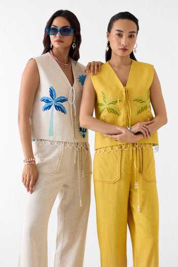 Buy_Studio Rigu_Cream Linen, Viscose V-neck Matka Vest And Trouser Co-ord Set 