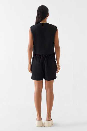 Studio Rigu_Black Linen, Viscose Lace V-neck Sahara Night Vest And Shorts Set _Online_at_Aza_Fashions