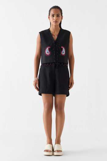 Buy_Studio Rigu_Black Linen, Viscose Lace V-neck Sahara Night Vest And Shorts Set _Online_at_Aza_Fashions