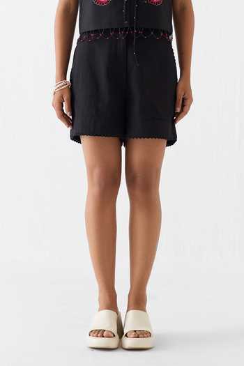 Shop_Studio Rigu_Black Linen, Viscose Lace V-neck Sahara Night Vest And Shorts Set _Online_at_Aza_Fashions