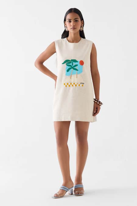 Studio Rigu_Cream Linen, Viscose Embroidery, Sequins, Beads Sahara Day Shift Dress _Online_at_Aza_Fashions