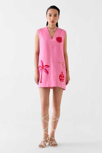Studio Rigu_Pink Linen, Viscose Embroidery, Sequins, Beads, Patchwork City Print Dress _Online_at_Aza_Fashions