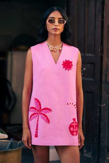 Buy_Studio Rigu_Pink Linen, Viscose Embroidery, Sequins, Beads, Patchwork City Print Dress _Online_at_Aza_Fashions