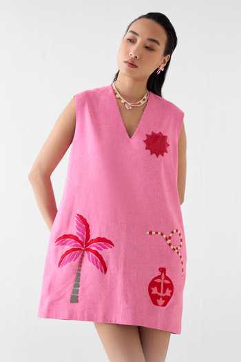 Shop_Studio Rigu_Pink Linen, Viscose Embroidery, Sequins, Beads, Patchwork City Print Dress _Online_at_Aza_Fashions