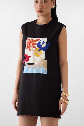 Studio Rigu_Black Linen, Viscose Embroidery, Sequins, Beads Round Sahara Night Print Dress _Online_at_Aza_Fashions