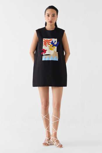 Buy_Studio Rigu_Black Linen, Viscose Embroidery, Sequins, Beads Round Sahara Night Print Dress _Online_at_Aza_Fashions