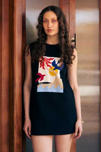 Shop_Studio Rigu_Black Linen, Viscose Embroidery, Sequins, Beads Round Sahara Night Print Dress _Online_at_Aza_Fashions