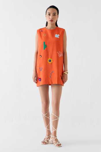 Studio Rigu Orange Linen, Viscose Sequins, Beads Round Neck Sahara Dawn Print Dress Online at Aza Fashions Studio Rigu_Orange Linen, Viscose Sequins, Beads Round Neck Sahara Dawn Print Dress _Online_at_Aza_Fashions
