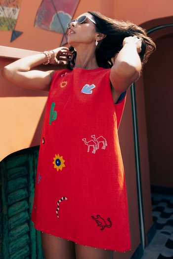 Buy Studio Rigu Orange Linen, Viscose Sequins, Beads Round Neck Sahara Dawn Print Dress Online at Aza Fashions Buy_Studio Rigu_Orange Linen, Viscose Sequins, Beads Round Neck Sahara Dawn Print Dress _Online_at_Aza_Fashions
