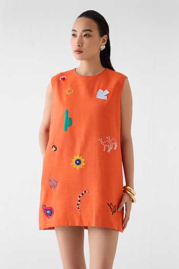 Studio Rigu Orange Linen, Viscose Sequins, Beads Round Neck Sahara Dawn Print Dress at Aza Fashions Studio Rigu_Orange Linen, Viscose Sequins, Beads Round Neck Sahara Dawn Print Dress _at_Aza_Fashions