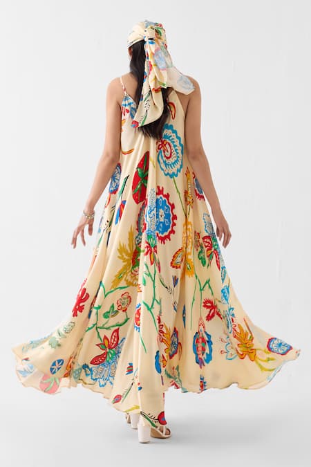 Studio Rigu Sanganer Print Vegan Silk Strappy Dress 