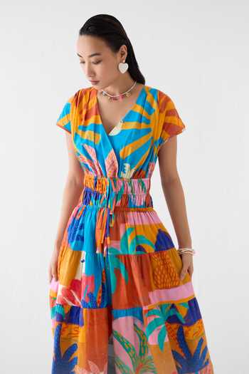 Studio Rigu_Multi Color Cotton V-neck Kota Cinched Waist Printed Dress _Online_at_Aza_Fashions