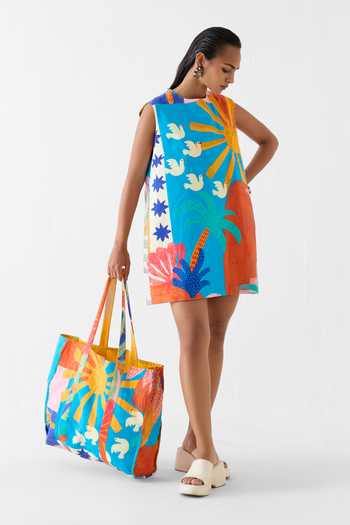 Studio Rigu_Multi Color Cotton Embroidery, Sequins Round Neck Kota Hand Painted Short Dress _Online_at_Aza_Fashions