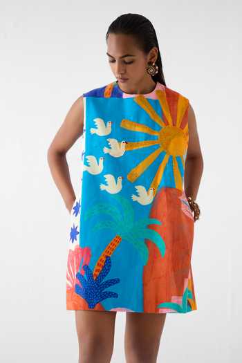 Buy_Studio Rigu_Multi Color Cotton Embroidery, Sequins Round Neck Kota Hand Painted Short Dress _Online_at_Aza_Fashions