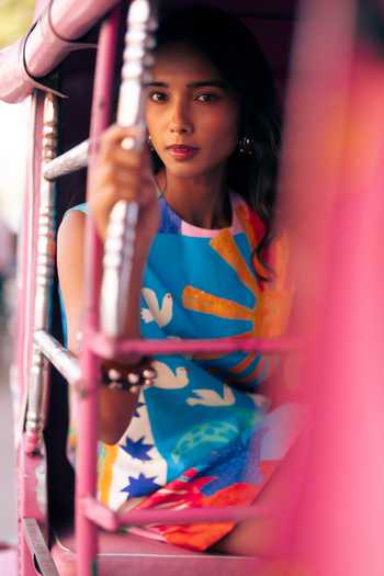 Studio Rigu_Multi Color Cotton Embroidery, Sequins Round Neck Kota Hand Painted Short Dress _at_Aza_Fashions