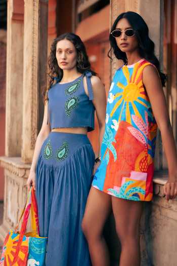 Buy_Studio Rigu_Multi Color Cotton Embroidery, Sequins Round Neck Kota Hand Painted Short Dress 
