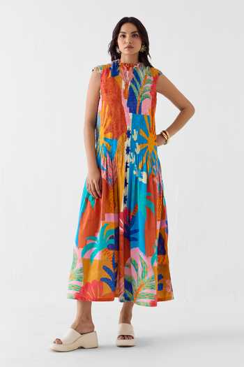 Studio Rigu_Multi Color Cotton High Neck Kota Abstract Print Ruched Dress _Online_at_Aza_Fashions